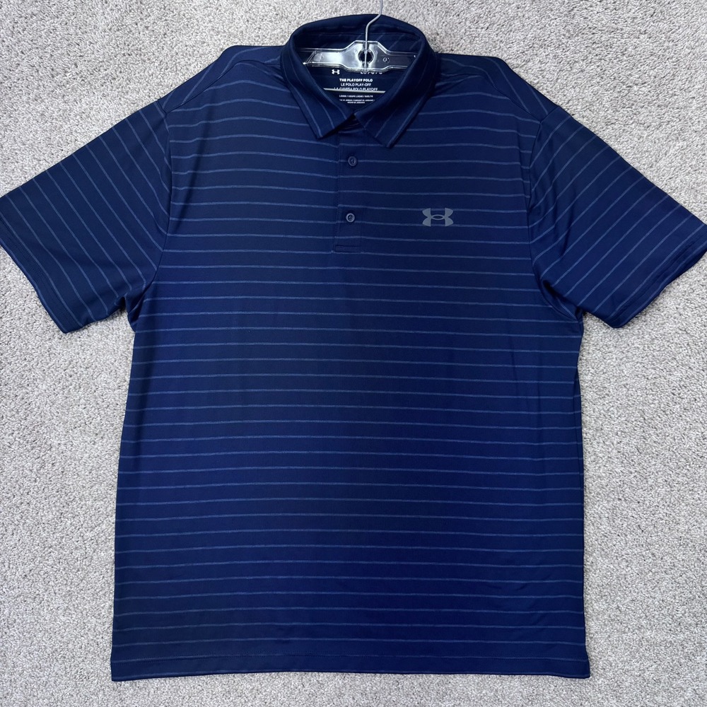 Under Armour Polo Mens Large Playoff Polo Navy Blue Striped EUC‎